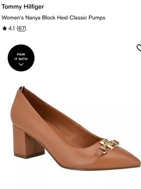 Tommy Hilfiger Tan Pointed Toe Block Heel Pumps with Gold Accent